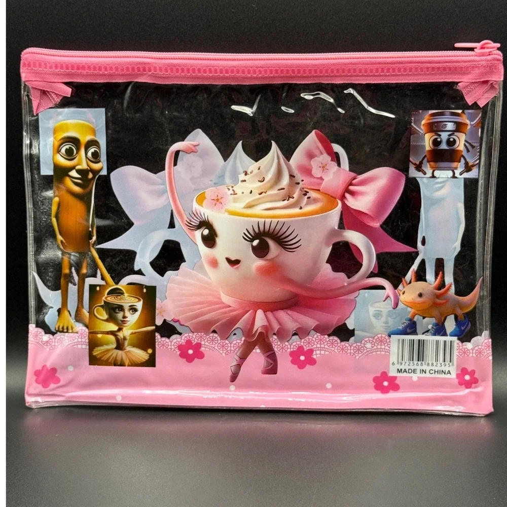 Brainrot‎ Clear Pencil Case Pouch Cute Coffee Cup Ballet Dancer Design Pink Zip